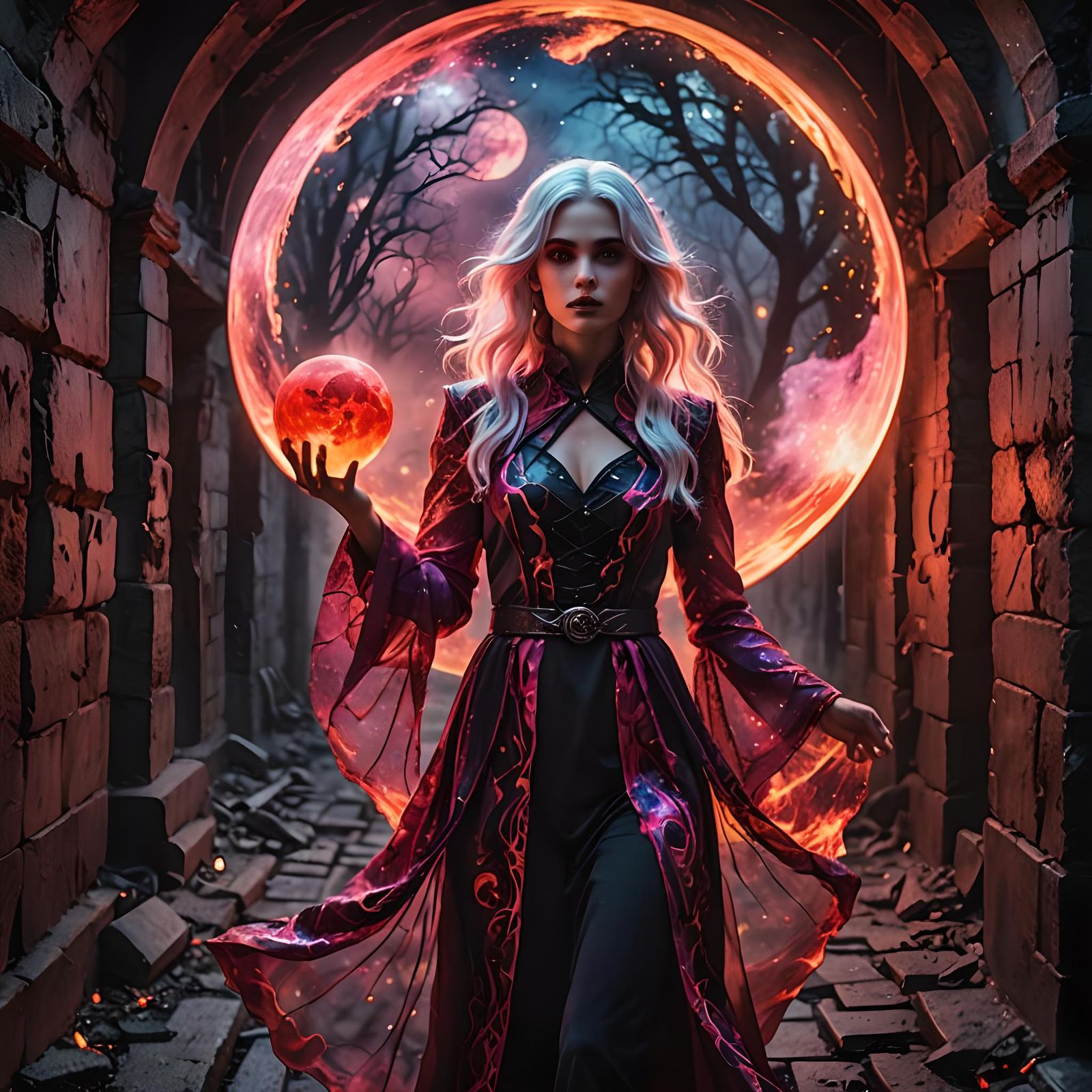 Amazing portrait of Beautiful Whitehaired Fiery Magician Gir...