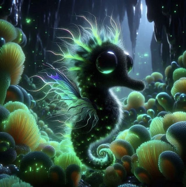 Teeny Tiny Black-Green Fluffy Seahorse
