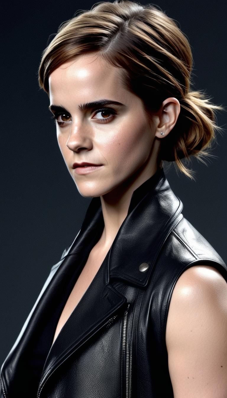 Emma Watson, visage ultra réaliste, 30 ans, veste en cuir détaillée et ...