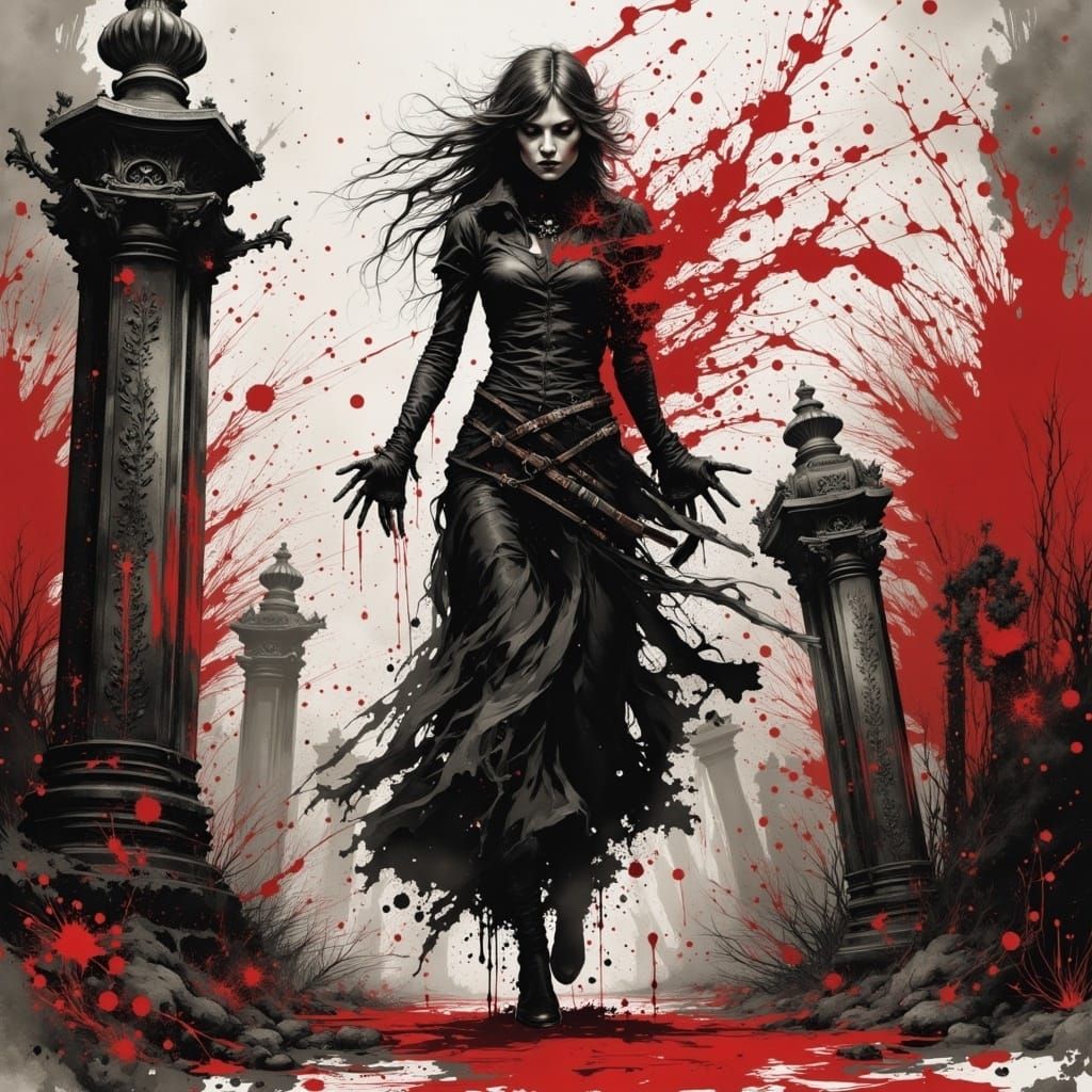 <lora:FluxInky:1.0> <lora:Inky:1.0> Insanely detailed splashy mid shot illustration of gothic girl walking through mysterious misty graveyar...
