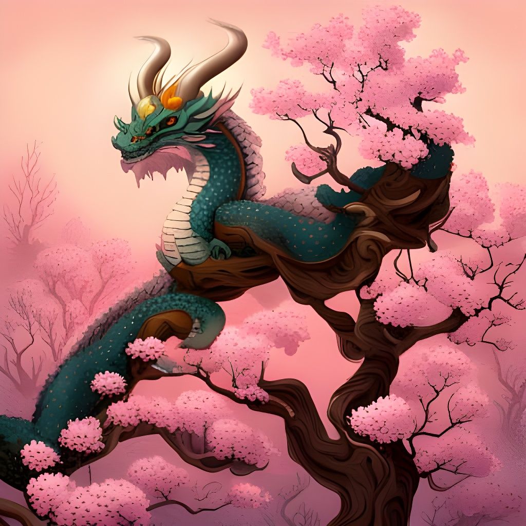 Japanese dragon wrapped around a cherry blossom tree - AI Generated ...