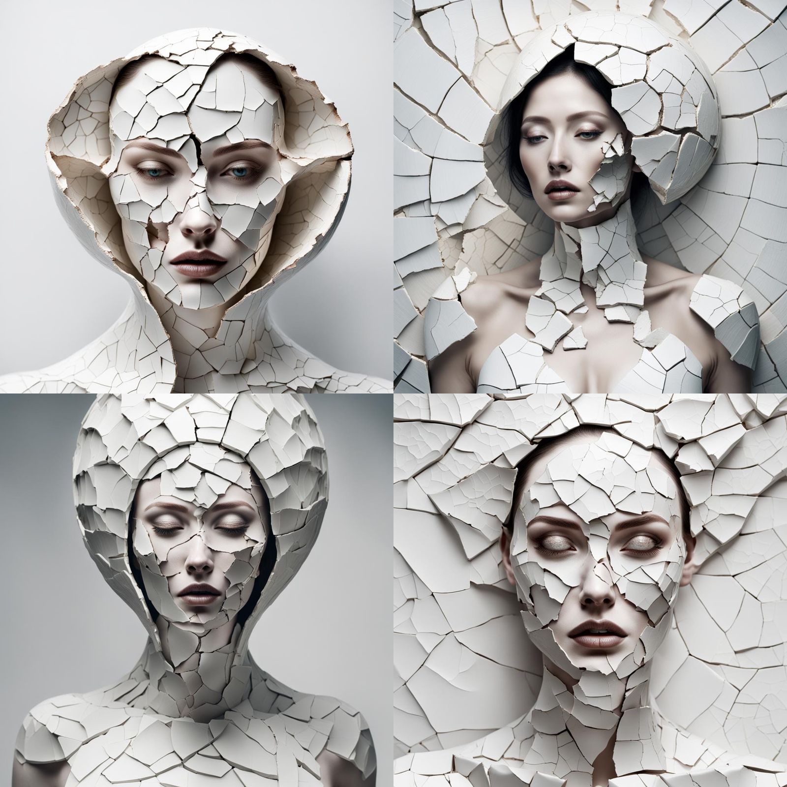 a beautiful woman, with skin made of cracked porcelain, reve...