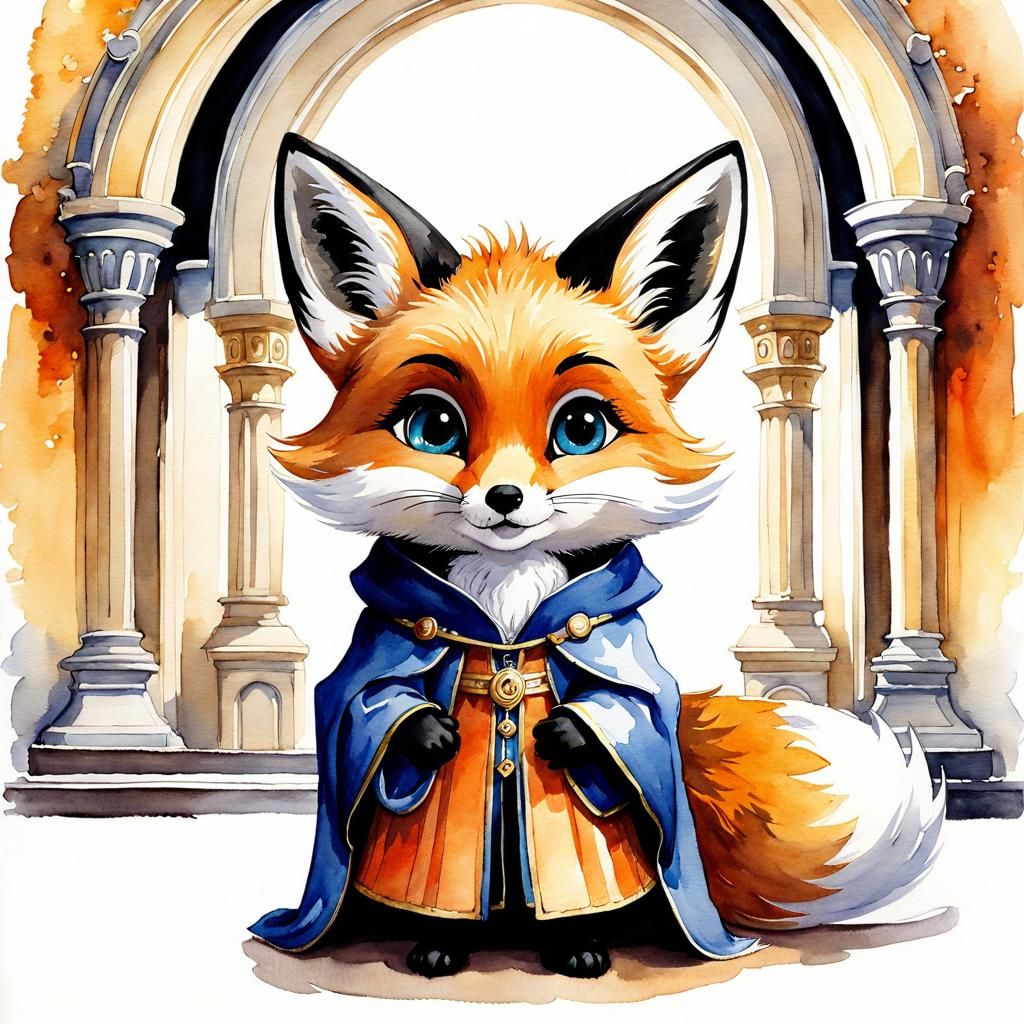 watercolor painting of a cute adorable chibi wizard fox in a magic ...