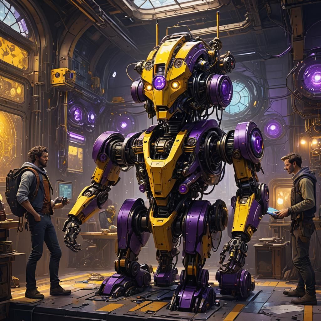 5 human Engineers building a robot together, they seem to be...