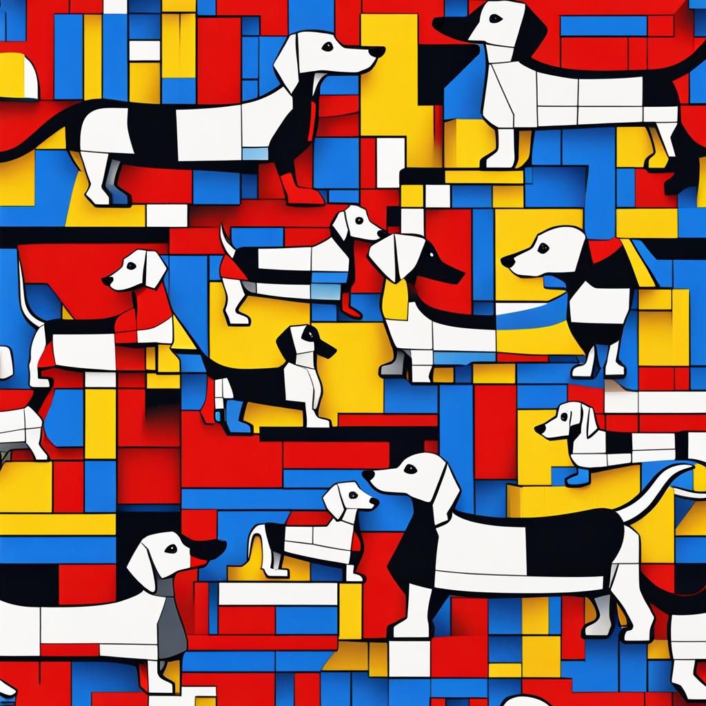 Mondrian Style Dachshund in red, yellow, blue, black and whi...