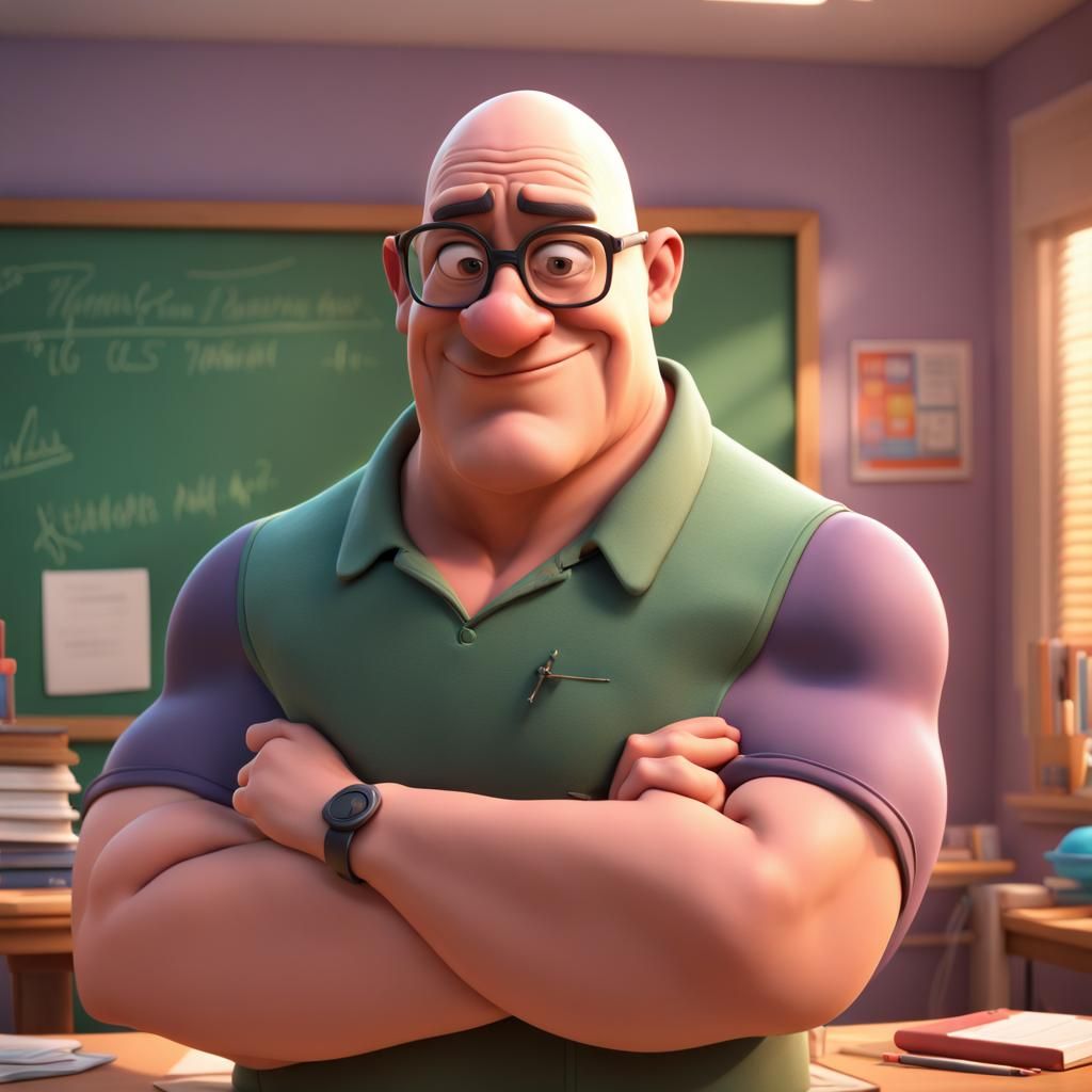 40-year-old-man-bald-teacher-glasses-huge-muscles-slightly-chubby