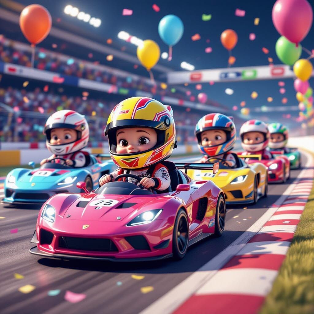 Adorable Babies Race Cars in Vibrant 3D Cartoon Style