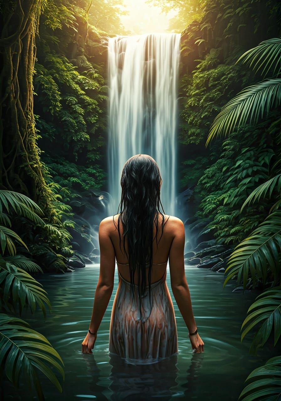 A beautiful woman walks on the beach on an amazing alien shore. She stares at the amazing view - Start Image 1