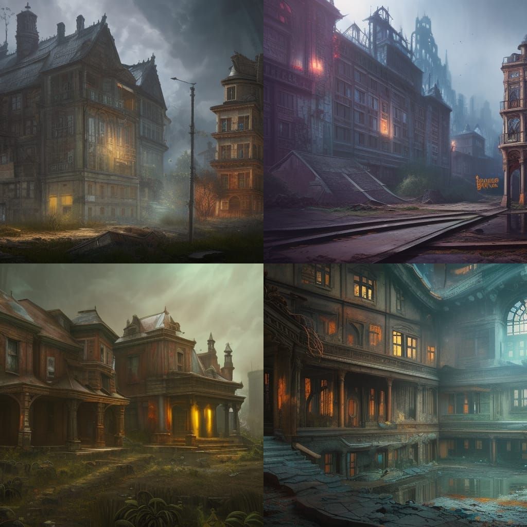 Abandoned Buildings detailed matte painting, deep color, fan...