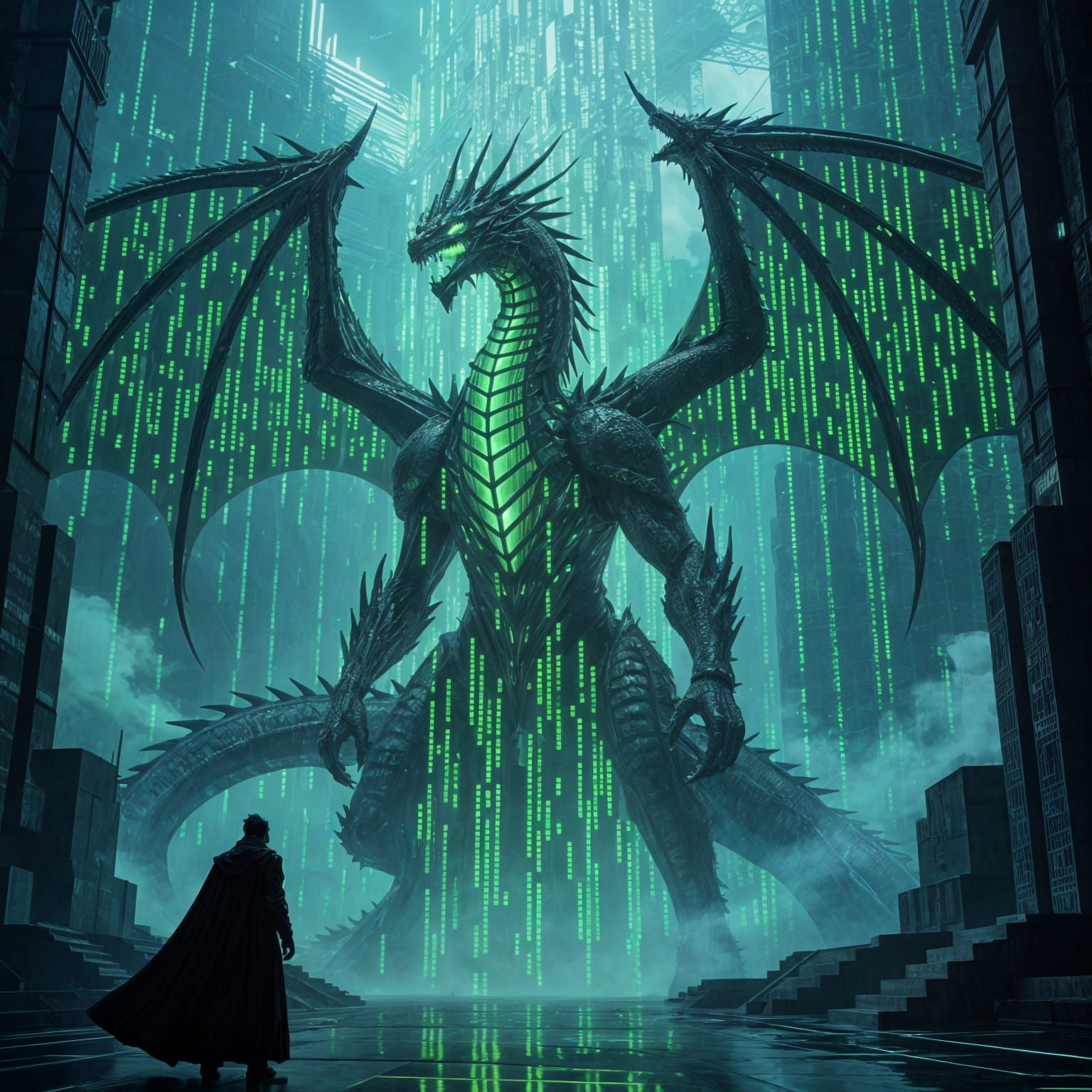 A colossal dragon, its form intricately woven from streams of glowing binary code and neon green data, guards a digital fortress. The fortre...
