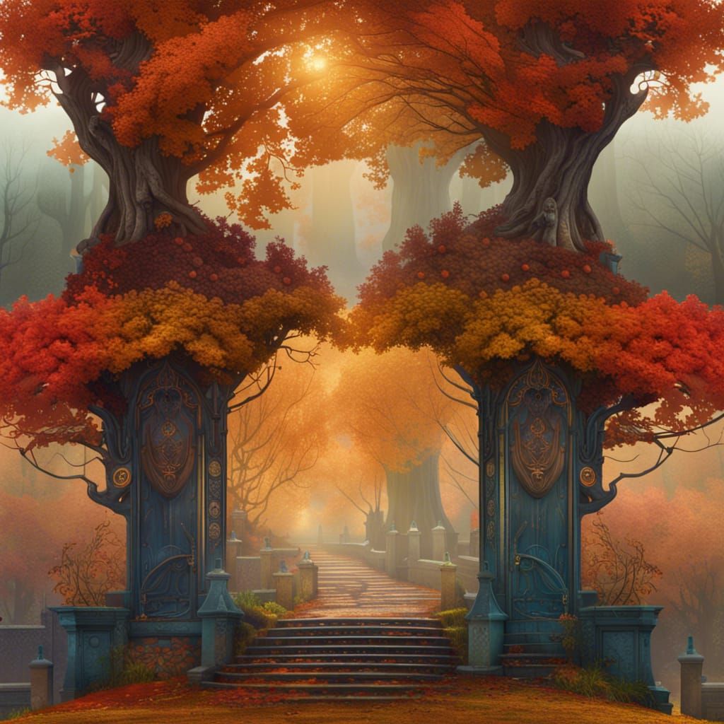 autumn, mist, tetradic colours, art nouveau