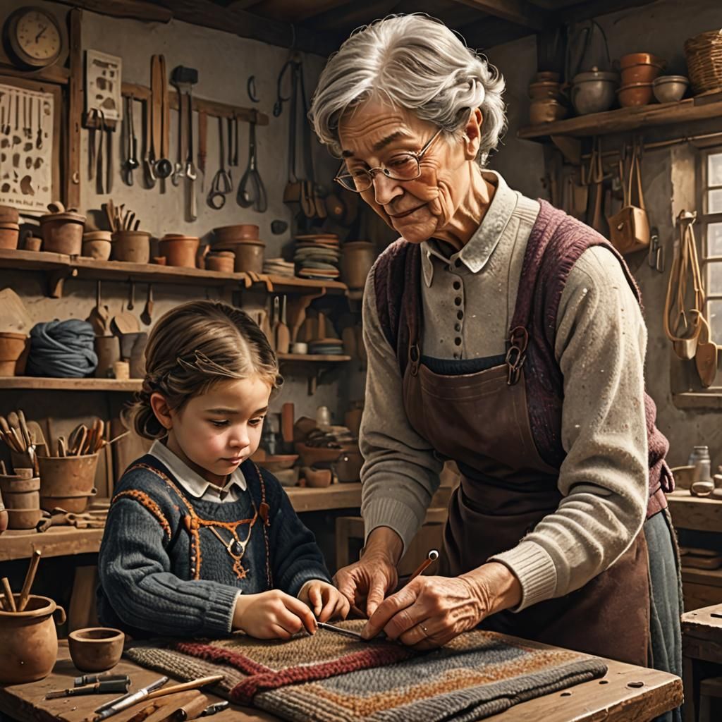 Grandma and her granddaughter in Master and Apprentice: The grandmother makes a sweater the traditional ...  by @Giulia