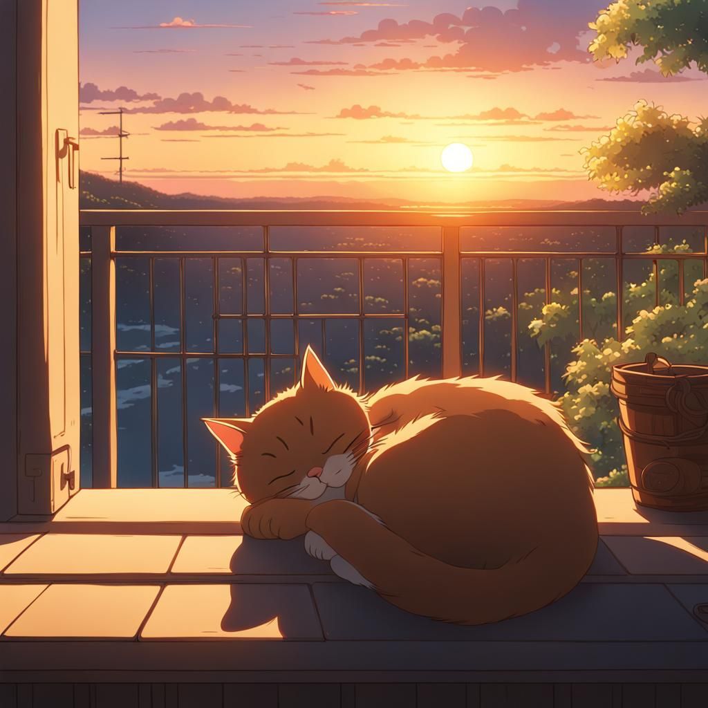 cat sleeping next to a sunset