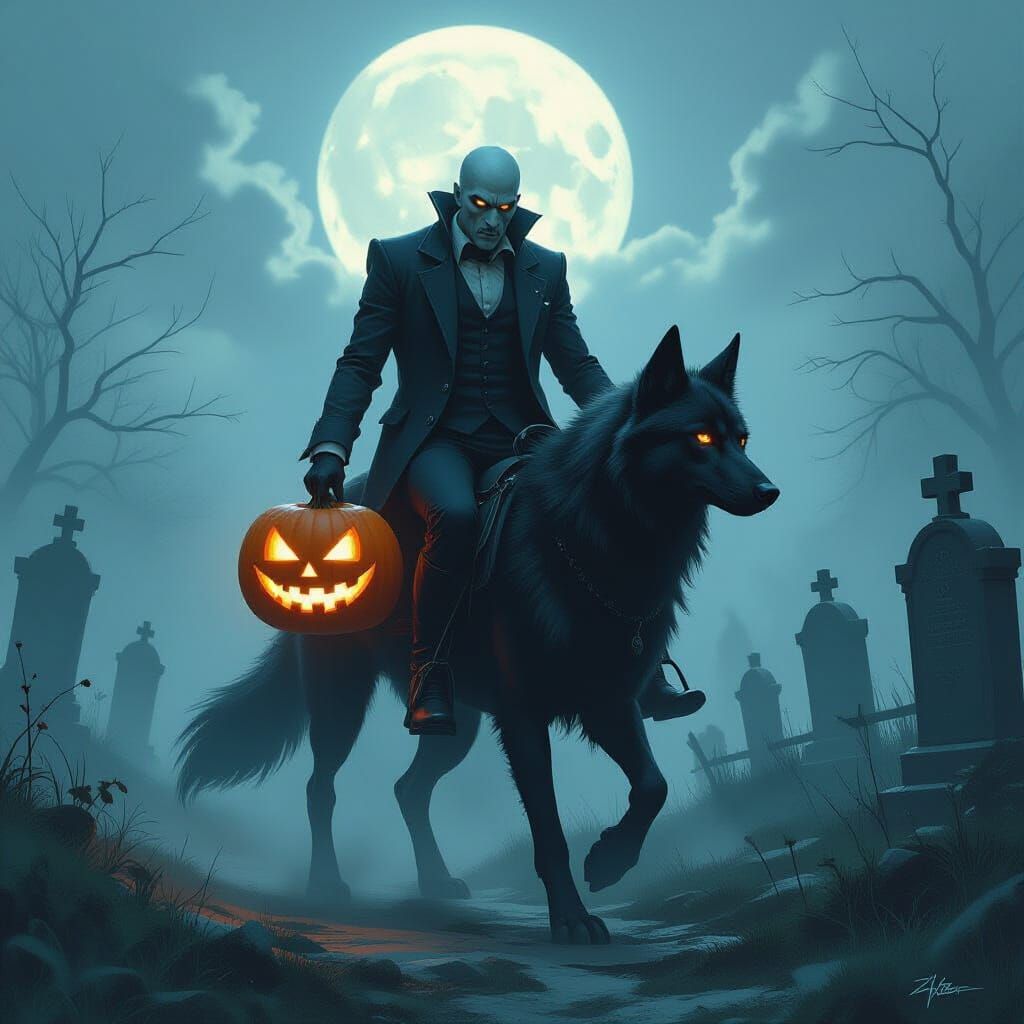 A headless man with a jack o lantern under his arm riding a wolf hound