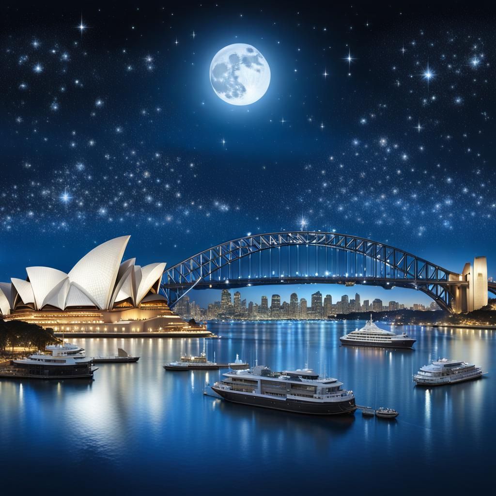 Sydney skyline in moonlight.  by @Suz