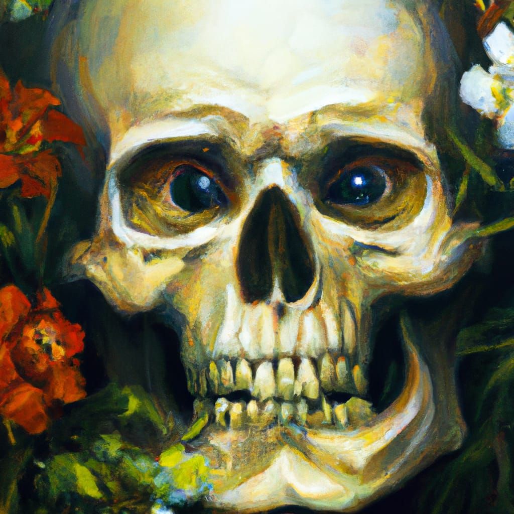 A human skull with flowers poking out of the EYE-HOLES. , bu...