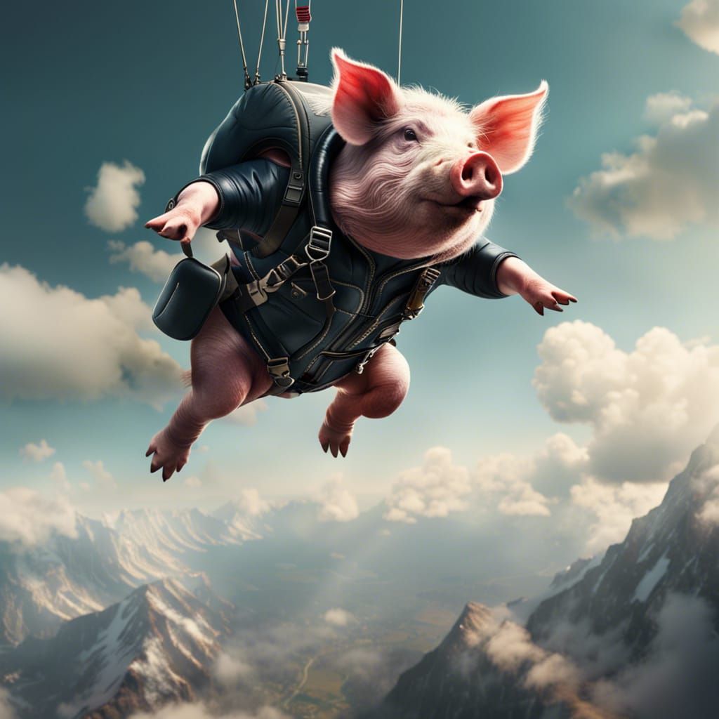 A pig skydiving of a mountain in a suit AI Generated Artwork