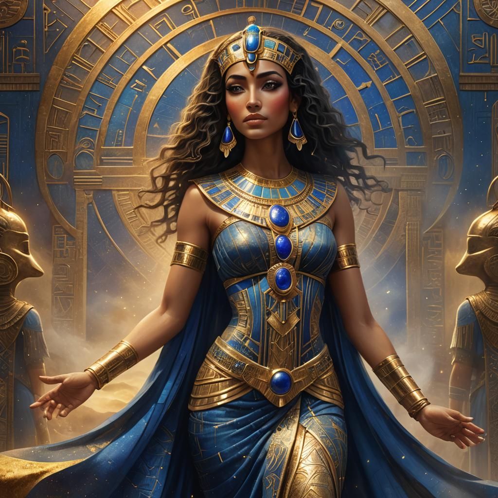 Create an image of a beautiful Egyptian  goddess wearing a s...