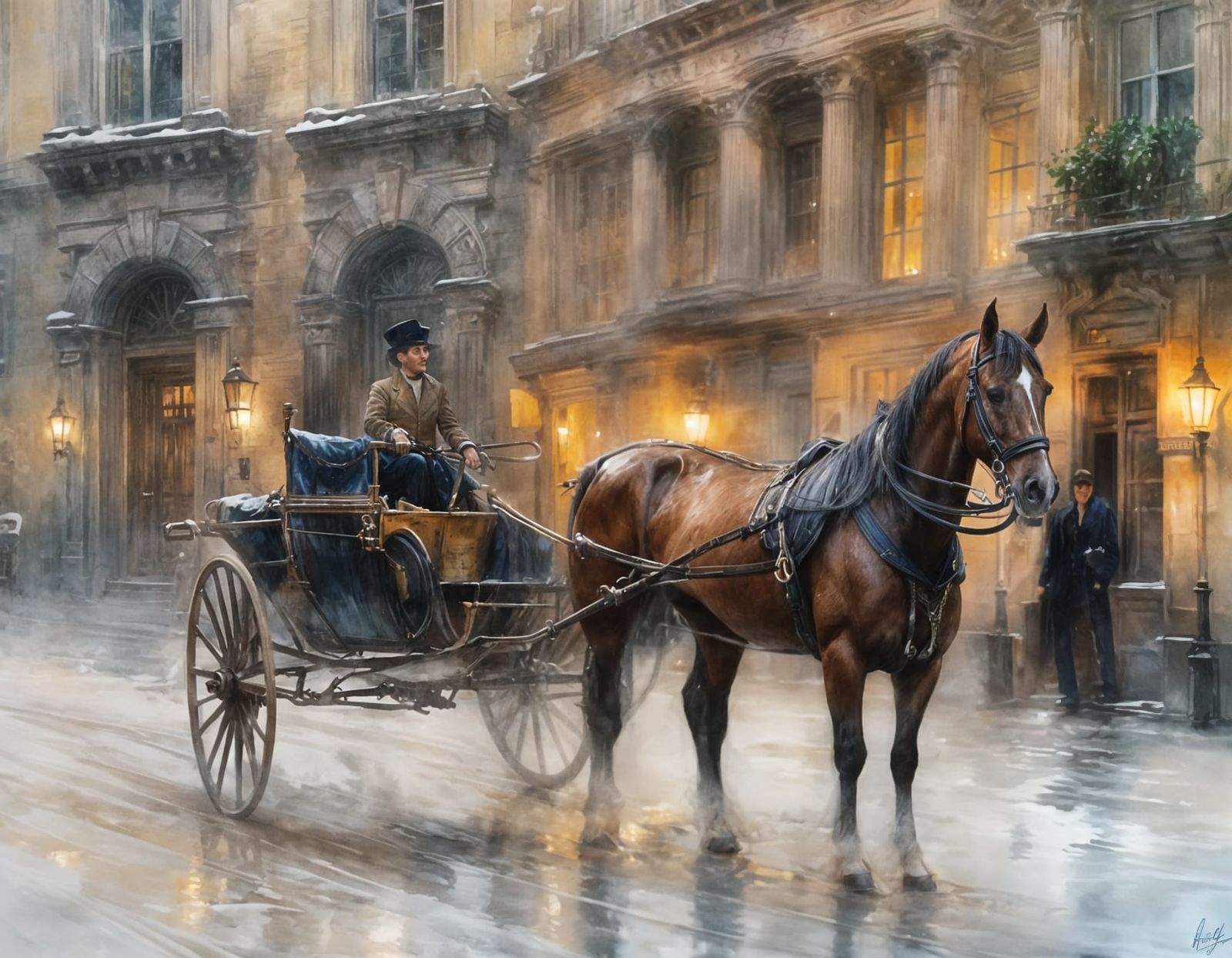 Whimsical watercolour. Medium shot. Close up. A horse-drawn carriage in snowy 18th century London. A ...  by @Pinto