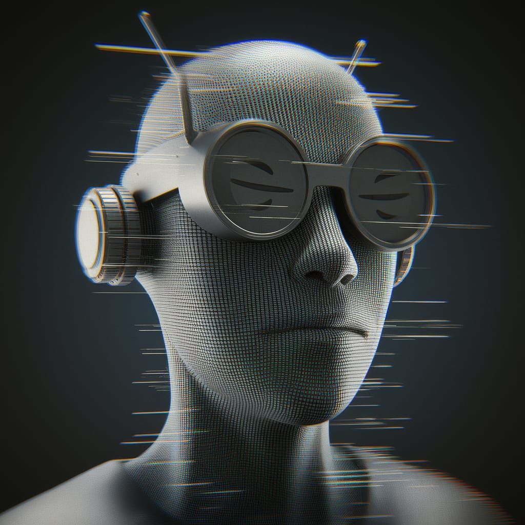 Android head made from a Radio paranoid android, hyperrealistic, photorealistic, 3d, 32k lens-fkare, glitch effect
