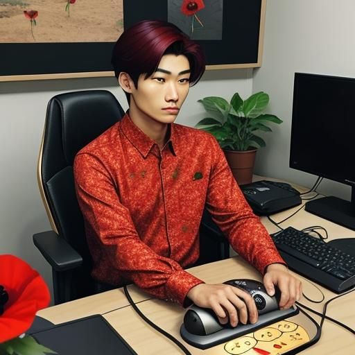 A beautiful red poppy flower.  
A young man who is half Asia...