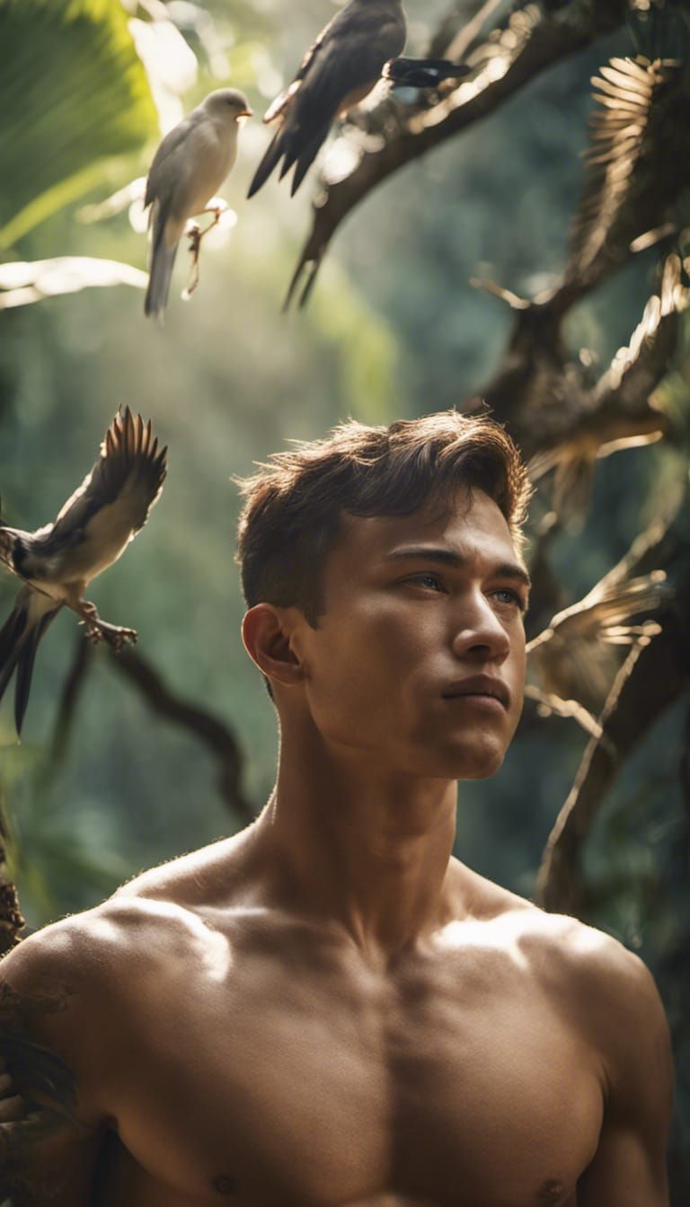 Shirtless muscular young man in the jungle with the birds at...
