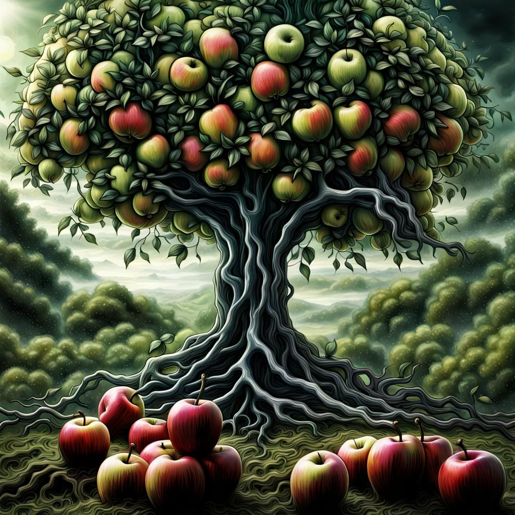 H.R. Giger style super focused and clear photograph of Apple Tree in