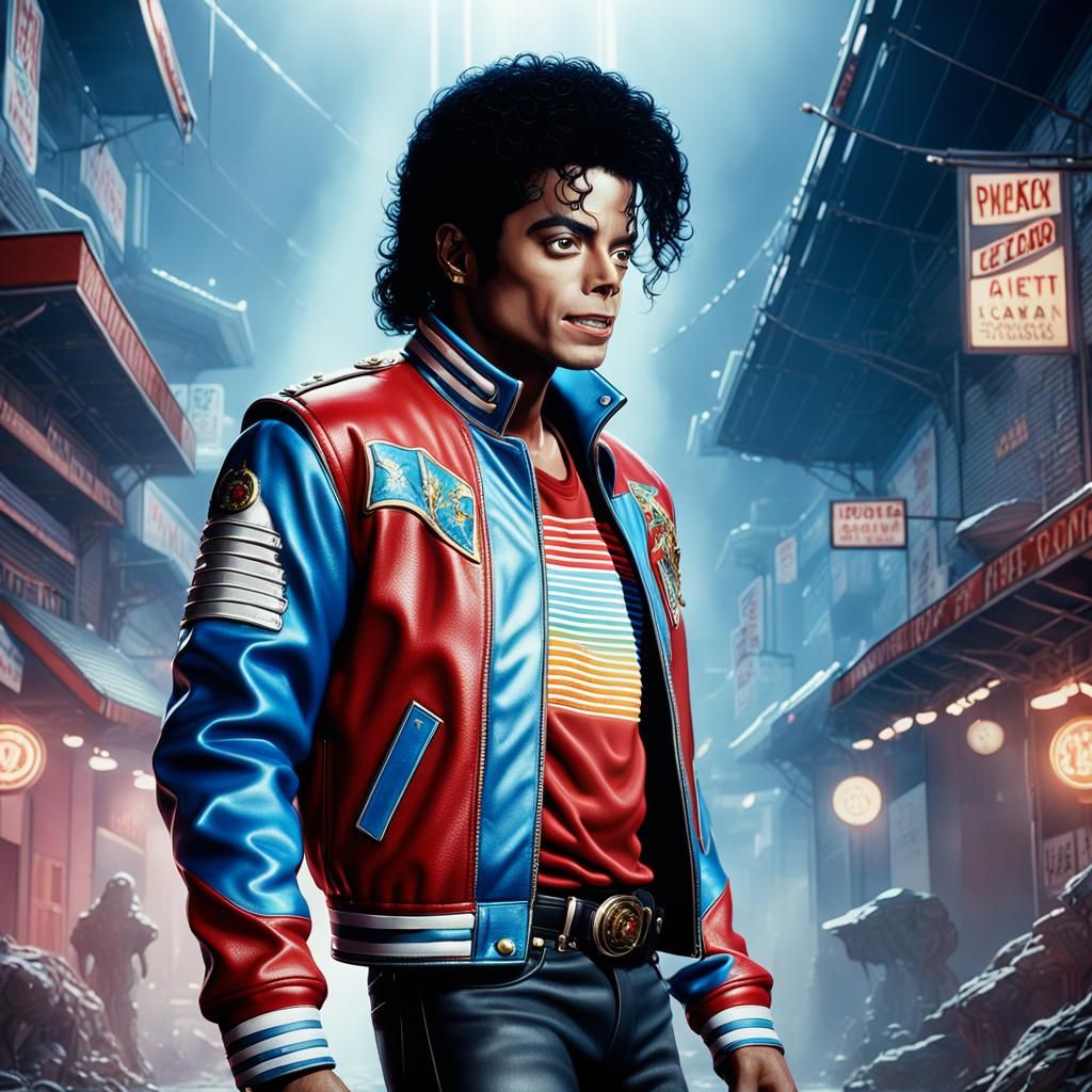 Michael Jackson wearing a his beat it jacket