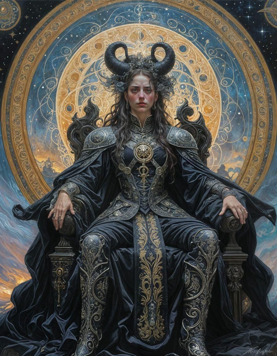 Otherworldly Demonic Woman on Throne: Oil on Canvas