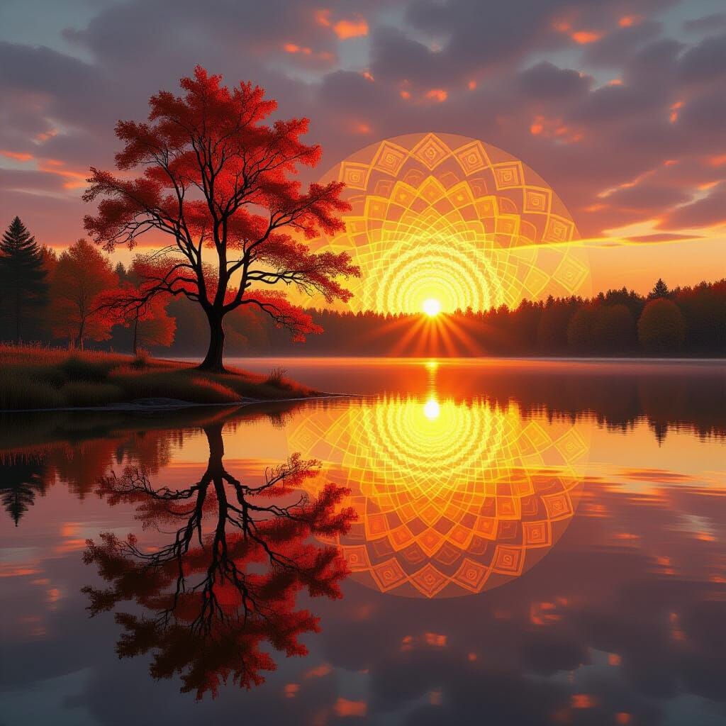 A hyper-realistic autumn tree standing beside a still lake, golden and red leaves gently falling, warm ...  by @ZAREK