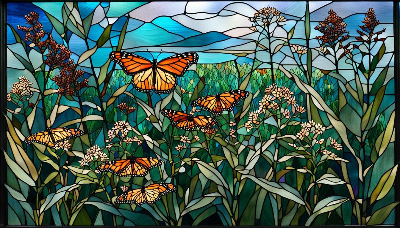 ""Stained glass of a prairie overflowing with natural plants. In the front is a monarch butterfly on ...  by @undefined