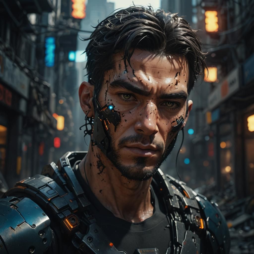 Futuristic Mech Warrior in a Ruined Cityscape