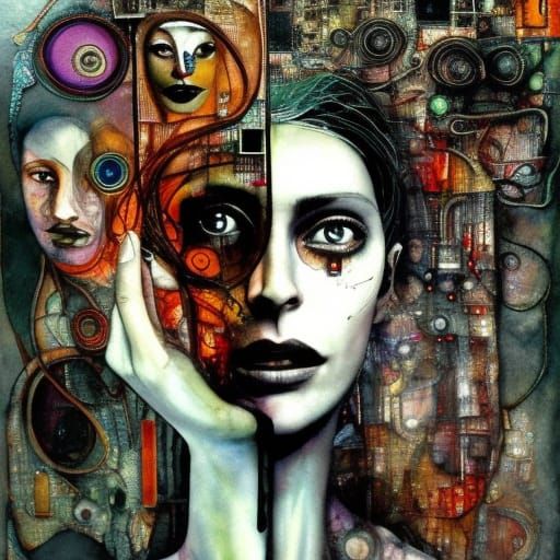 Surreal Woman Portrait with Bioluminescent Ink Drips