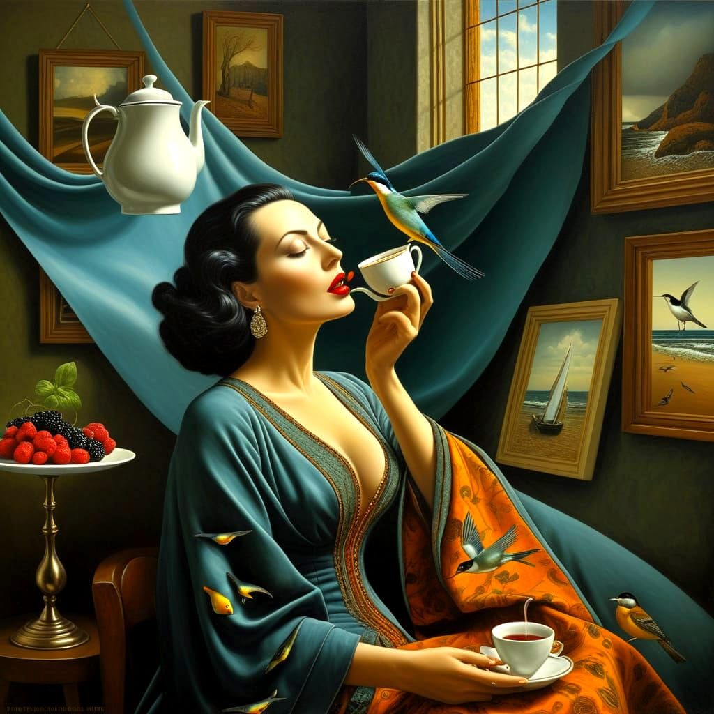Elegant Lady in Whimsical Surrealistic Scene