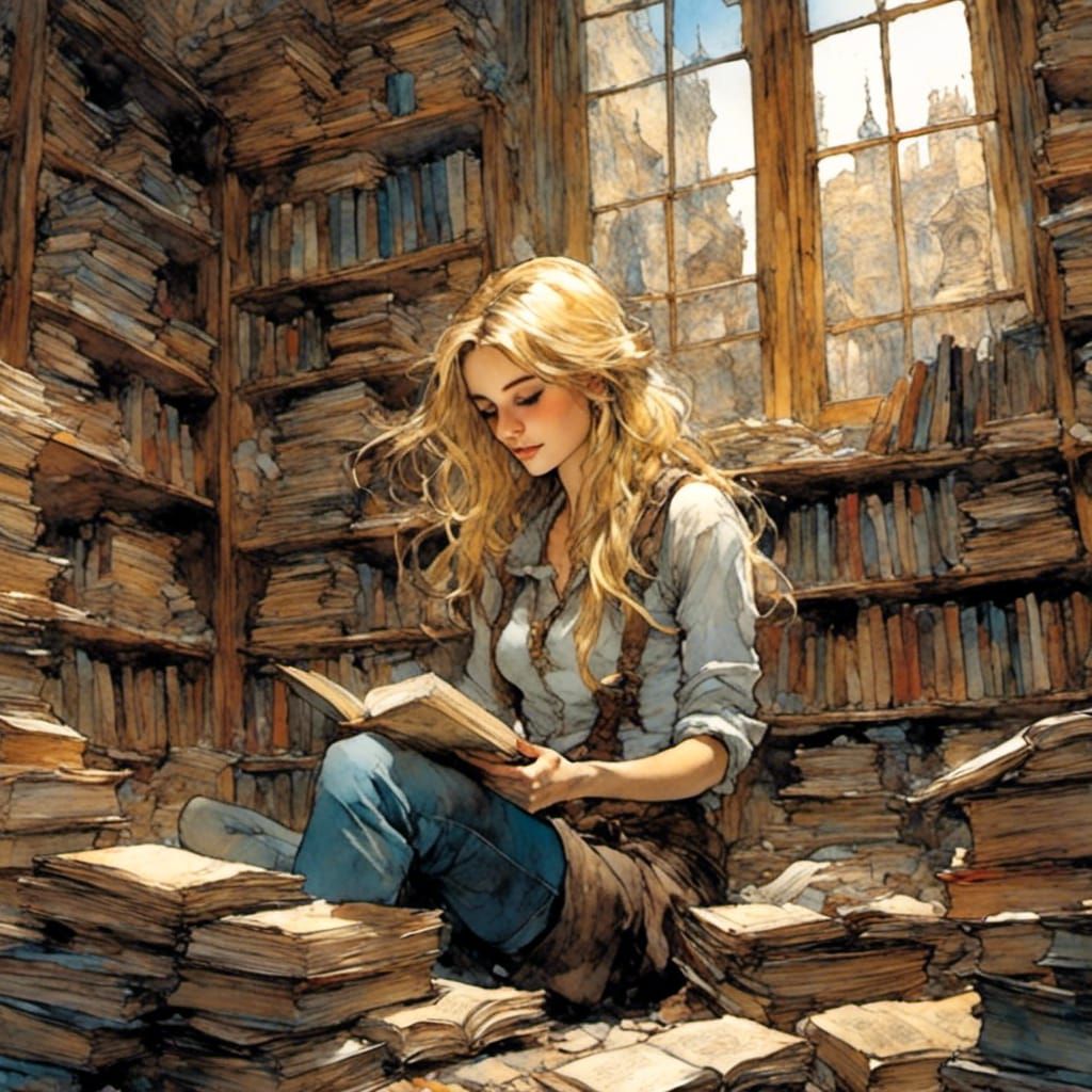 <lora:monstyle3:1.0>  brown eyed long hair blonde girl reading in a bookstore  by @Asuka