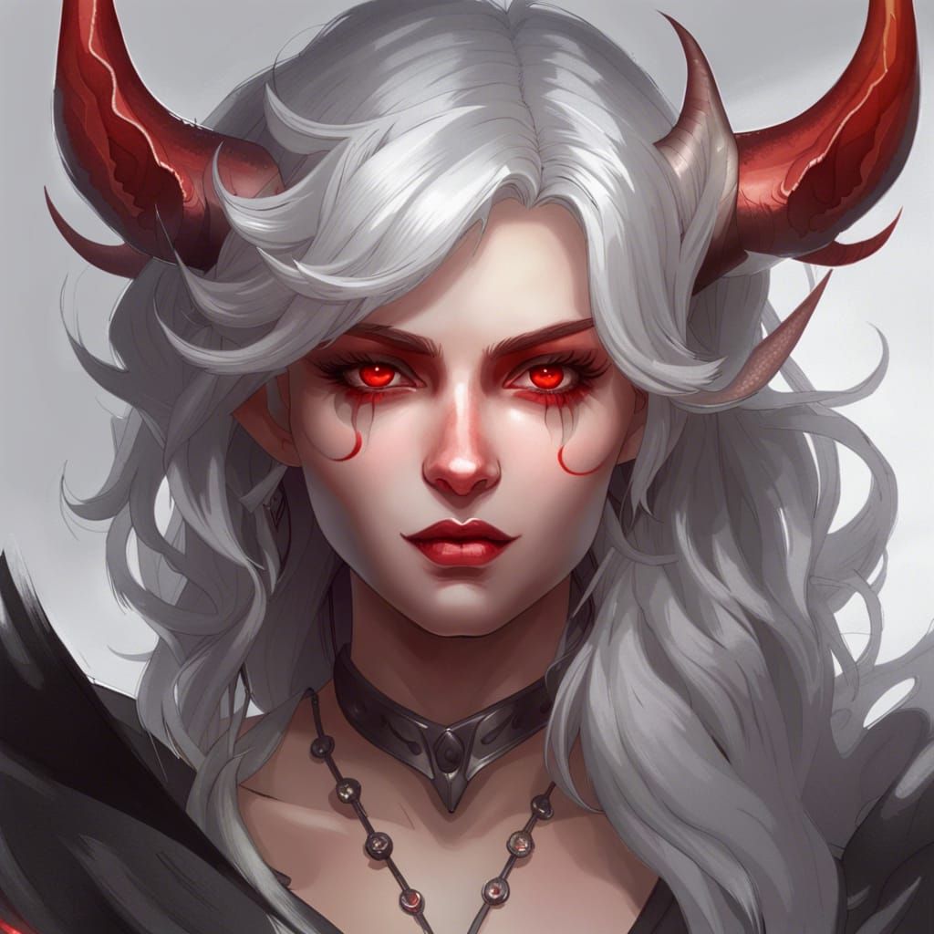 Demon cute girl. Silver hair. Red eyes. Horns. head and shoulders ...