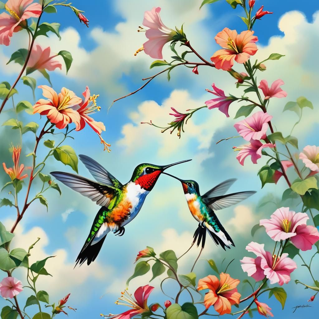 vivid ruby-throated hummingbird hovering to feed on a beautiful flower on a climbing vine. Background in watercolor style suggesting blue sk...