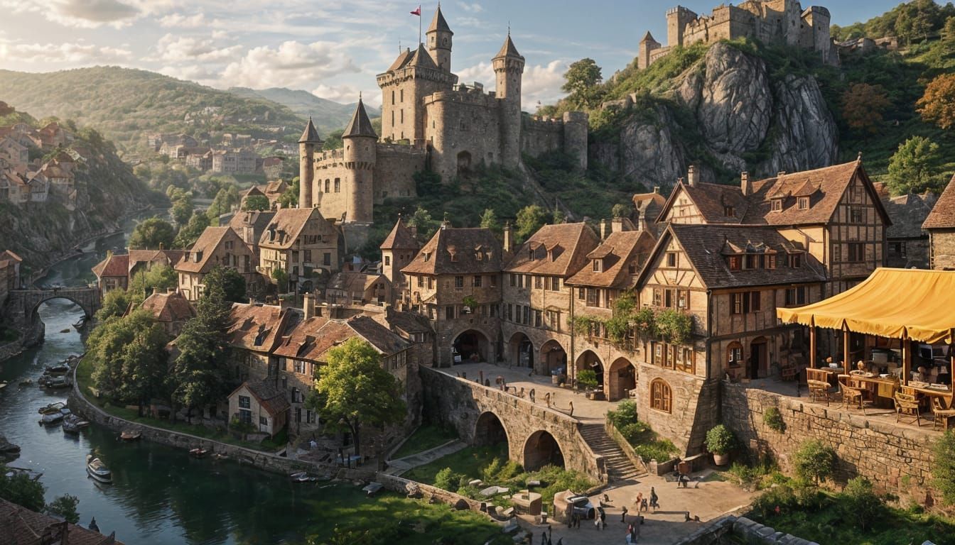 Realistic bird's eye view of a medieval castle town from the 13th–15th century, surrounded by massive ...  by @Carlos