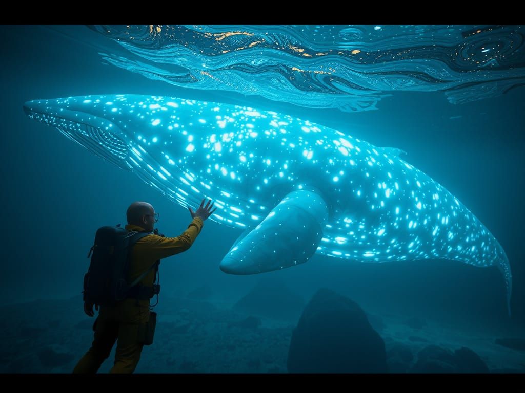 picture a peaceful moment between an intrepid explorer and a colossal, bioluminescent whale in an alien ...  by @Krispy