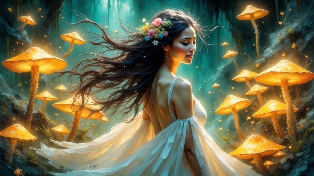 A whimsical scene unfolds within a bioluminescent cavern