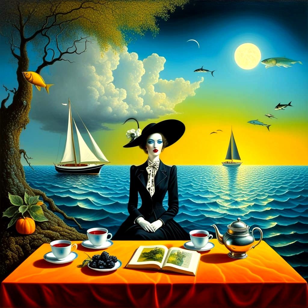 Ethereal Lady in a Vibrant, Surreal Seaside Scene