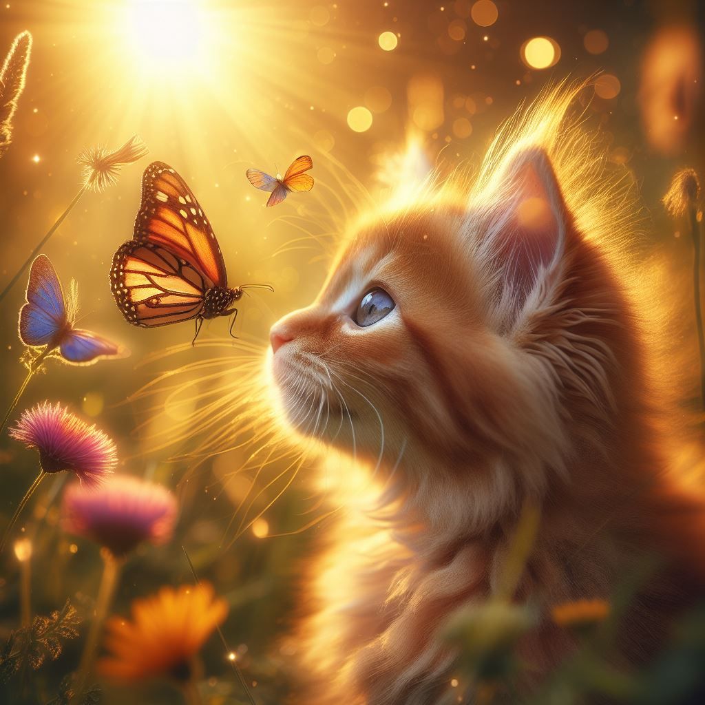 Moon Kitty meets a Butterfly at Sunset