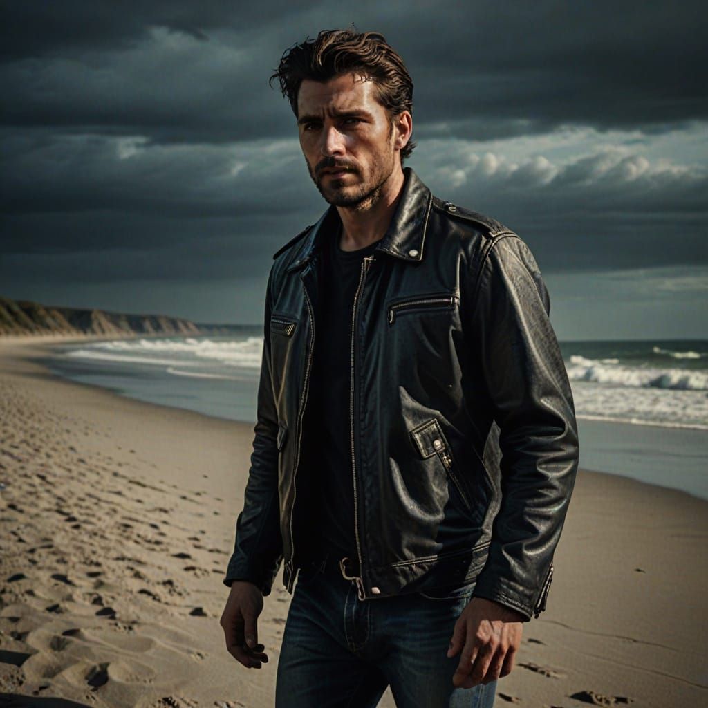 Man in Leather Jacket on Beach: Cinematic Film Still