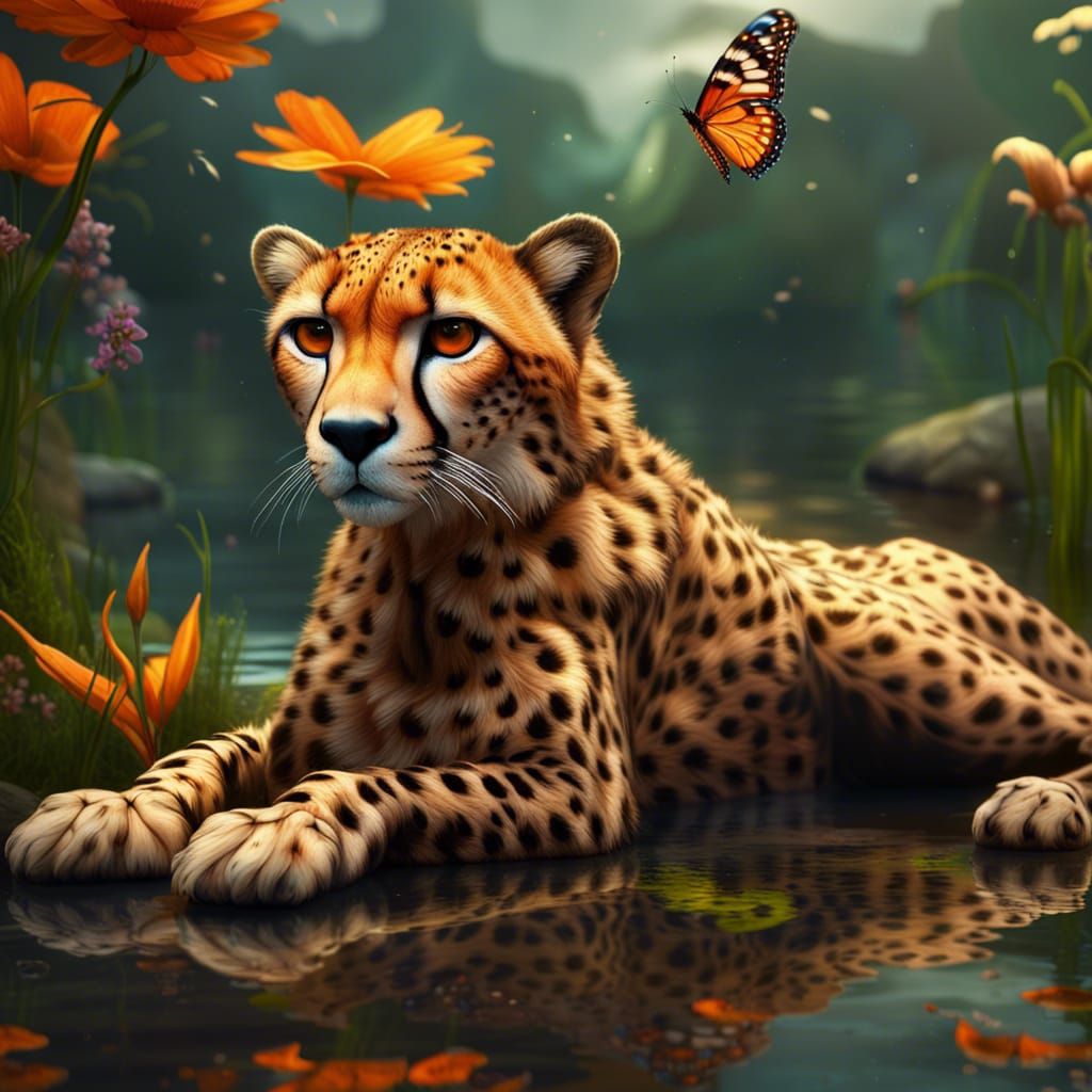 Winged Cheetah by Pond: Fantastical Digital Painting