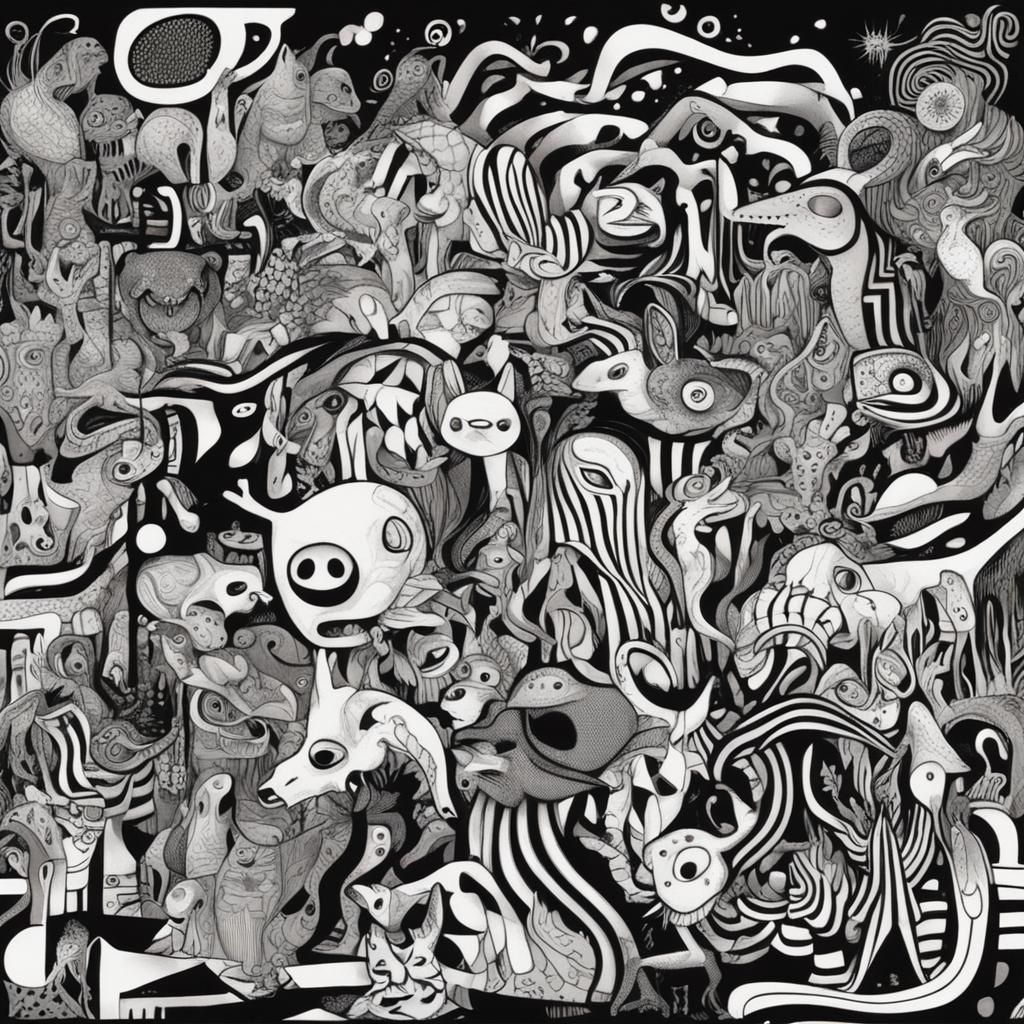Speculative zoology of imaginative worlds of black and white completely