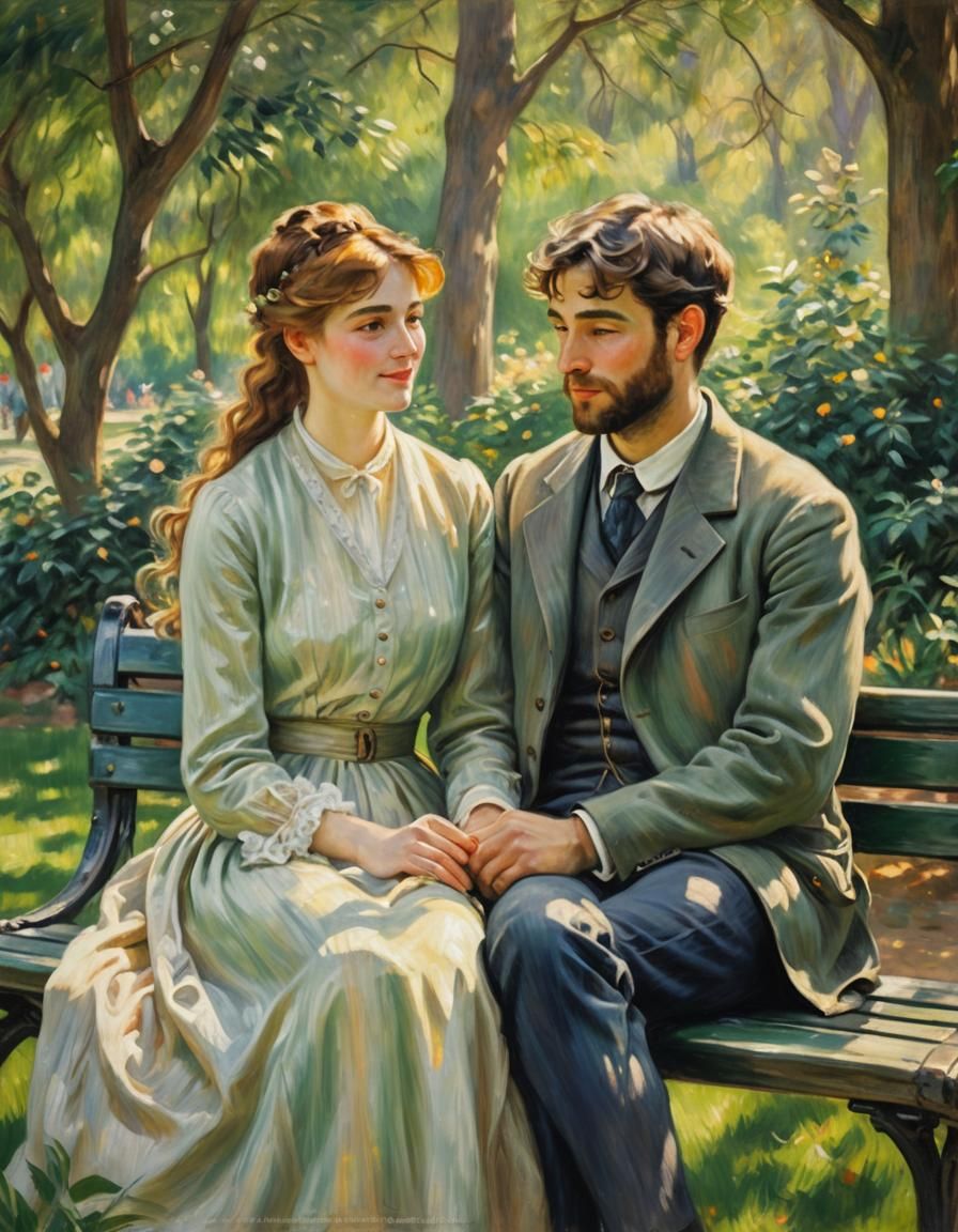 A beautiful young Victorian couple in the park, shy smiles f...
