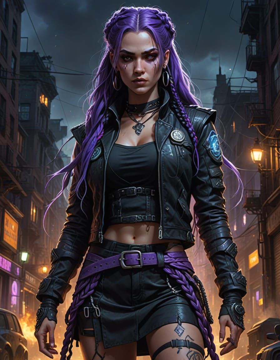 Heroic Woman with Purple Braids and Glowing Tattoos