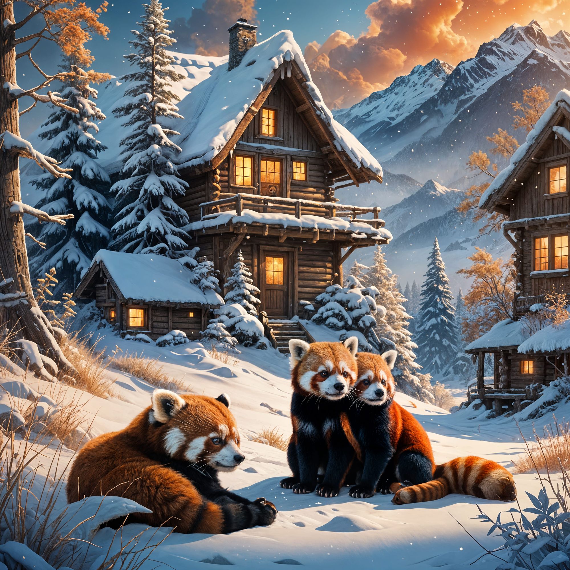 Redpandas cuddling up in a snowy mountains neer a wood cabin