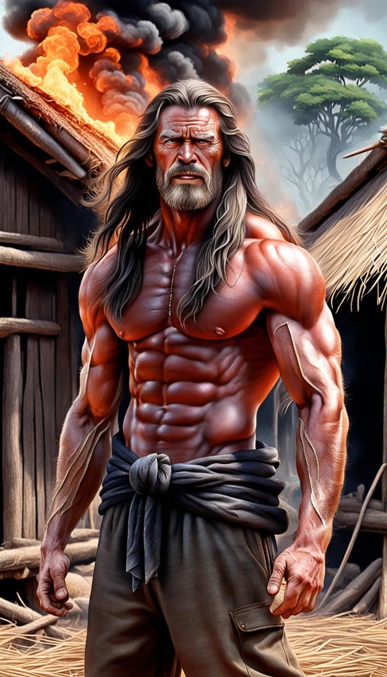 a white muscles man with long hair who was sleeping in his straw hut  awakened and was surprised as his hut caught fire - AI Generated Artwork -  NightCafe Creator