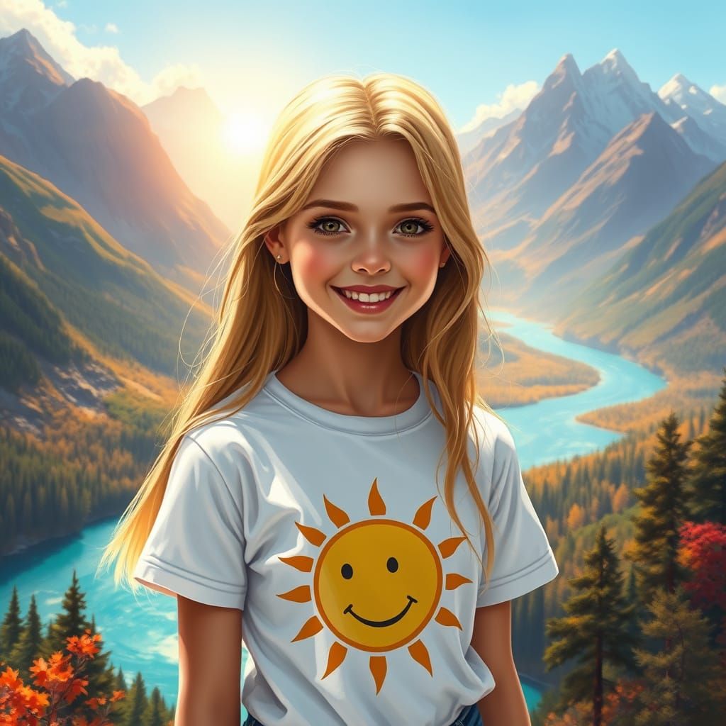Radiant Girl with Sun Shirt by River and Mountains